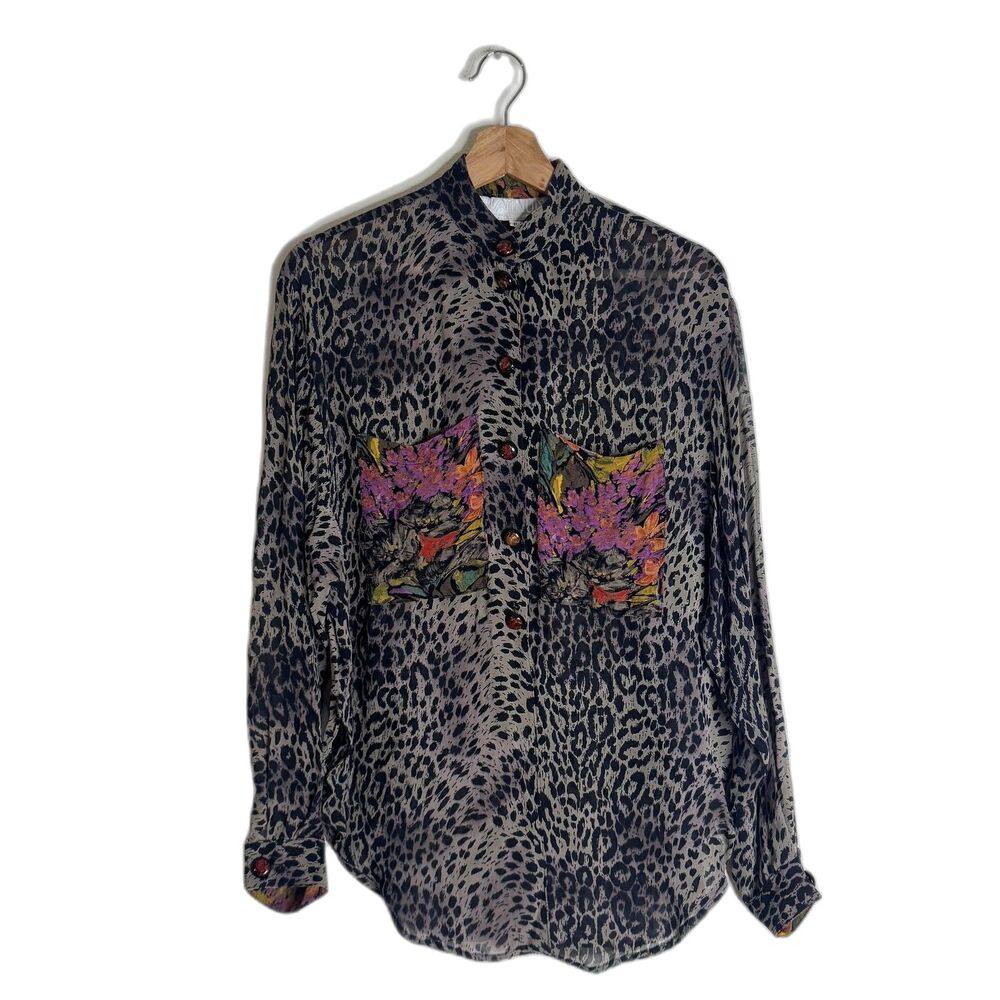 Vintage Dorothy Schoelen Shirt Womens medium Animal Print Floral Sheer 90s